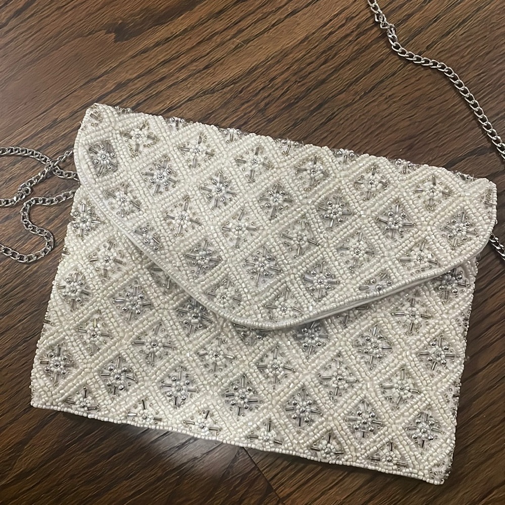 Francesca’s white beaded bridal crossbody purse